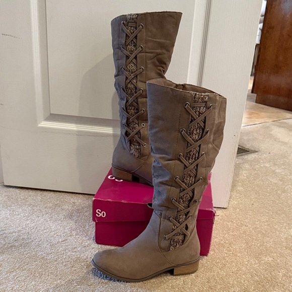 SO faux suede tall taupe boots with side lace up detail, size 8.5 - Picture 1 of 6